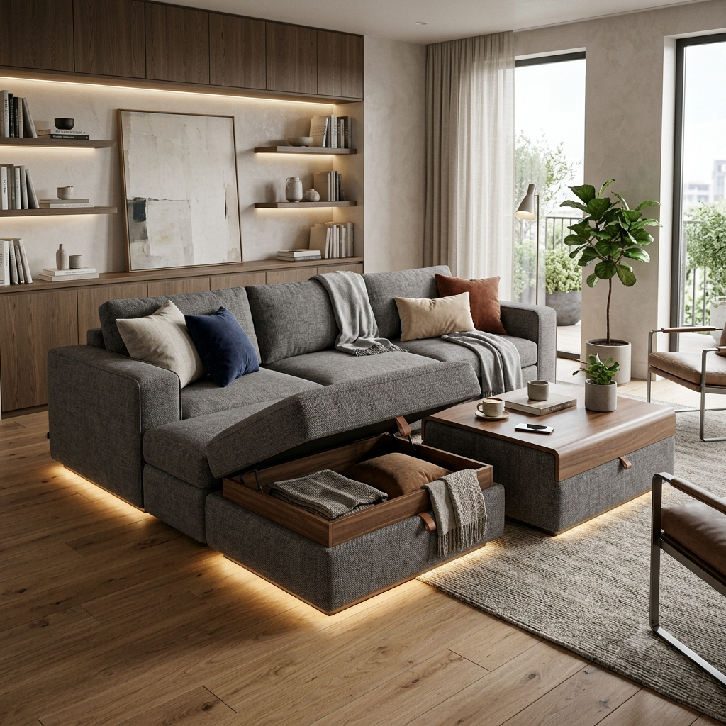 Modular sofa with built in ottoman storage, intelligent living seating that reveals hidden storage compartments